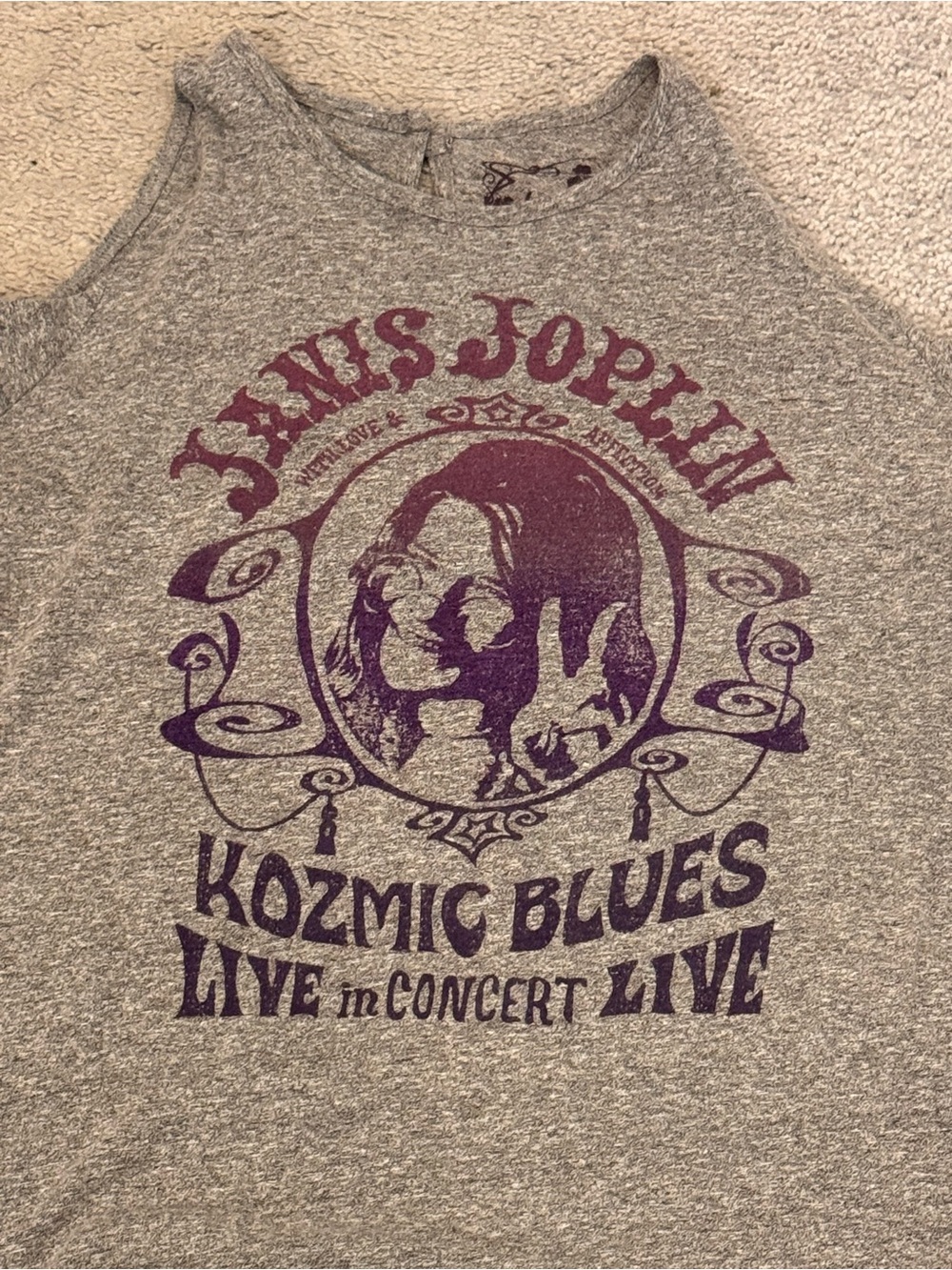 Lucky Brand‎ Janis Joplin Cold Shoulder Graphic Top Gray Size Small Boho